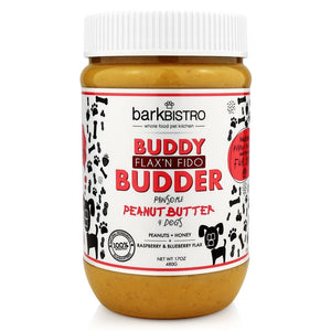 BarkBistro Dog Treat BUDDY BUDDER Flax'n Fido - Unsalted Peanuts + Honey+ Raspberry+ Blueberry Fax| 17oz. Jar