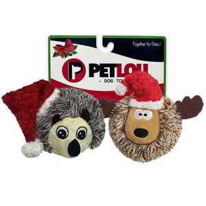Pet Lou Dog Toys 4" Christmas EZ Squeaky Twin Pack Ball - Hedgehog & Reindeer