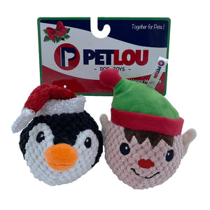 Pet Lou Dog Toys 4" Christmas EZ Squeaky Twin Pack Ball - Penguin & Elf