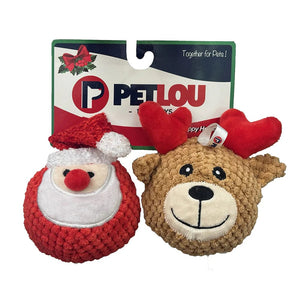 Pet Lou Dog Toys 4" Christmas EZ Squeaky Twin Pack Ball - Santa & Reindeer